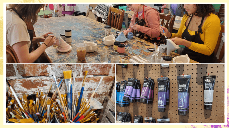 Women doing ceramics, paints, paintbrushes