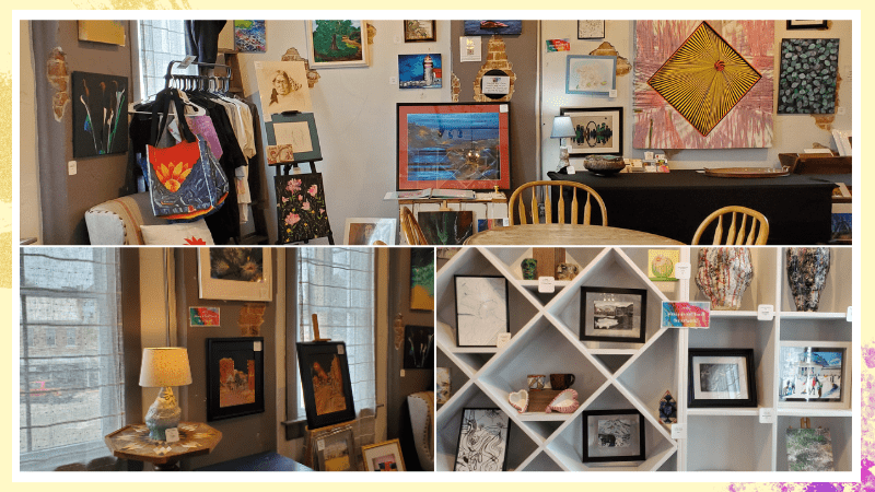 Snapshots of The Blank Canvas Art Gallery, including artwork from local artists