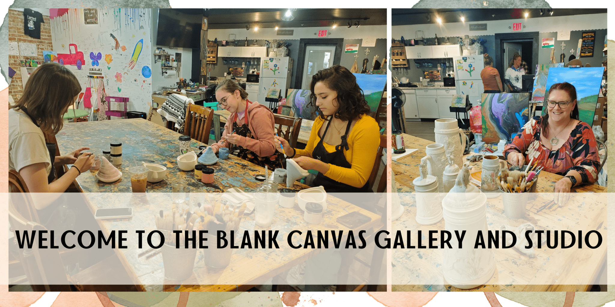 Blank canvas fine art studio and gallery with women working on ceramics